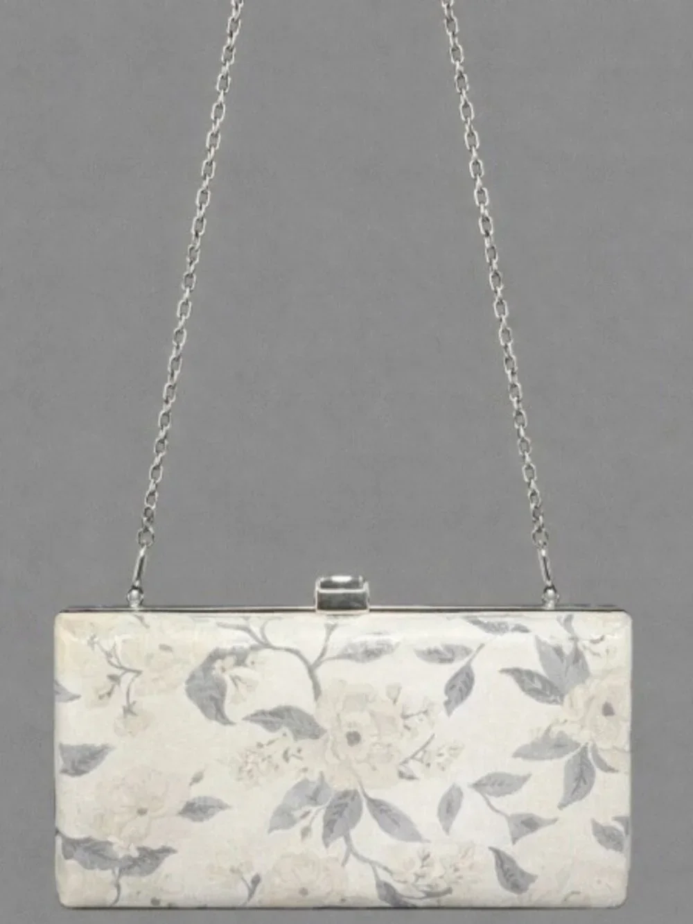 La Regale Floral Brocade Box Clutch Evening Bag Silver Chain Crystal Clasp Purse